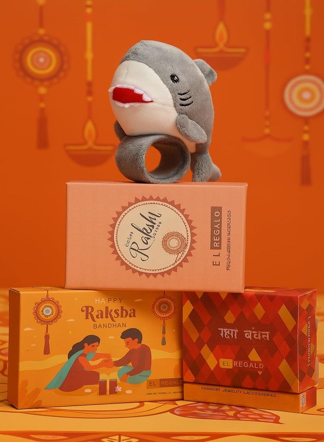 El Regalo Kids Rakhi - Cute Animal Plush Slap Band Rakhi for Boys & Girls | Panda, Shark, Dinosaur & More with Roli Chawal & Rakshabandhan Card | Fun Cartoon Soft Slap Bands for Children (Shark) - Image 2